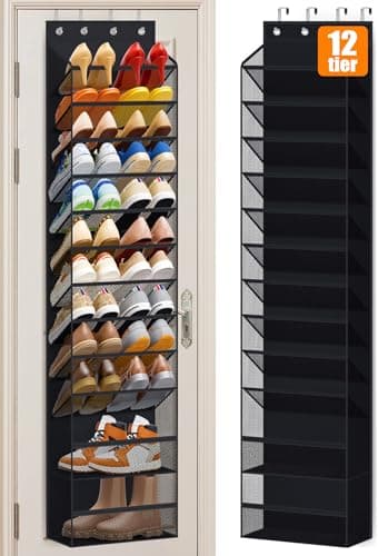 Image of MISSLO 12 Tier Over the Door Shoe Organizer Hanging Shoe Rack for Closet Storage Sneaker Holder for Door Fit 24 Pairs Sandals, Heels, Boots (Black)