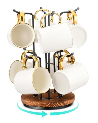 Image of HULISEN 360° Rotating Mug Tree for Large Cups, Counter Coffee Mug Holder with 8 Hooks, Metal Coffee Cup Rack Stand for Countertop with Stable Wooden Base, Kitchen Counter Decor