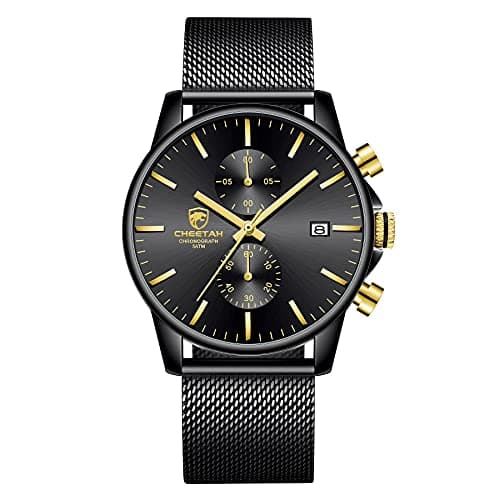 Image of GOLDEN HOUR Men’s Watch Fashion Sleek Minimalist Quartz Analog Mesh Stainless Steel Waterproof Chronograph Watches (2-Tone Black/Gold)