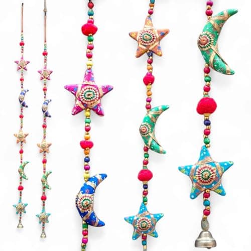 Image of Moon and Star Ornament Ethnic Kalamkari Multi colour Handmade Door Hanging Decorative Five Stringed Together with Beads and Bell Wind Chime