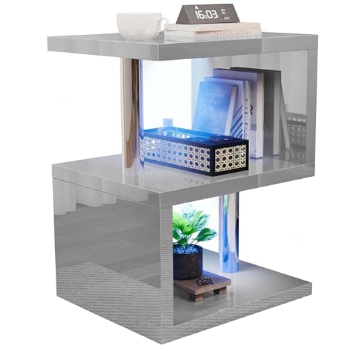 Image of Blisswood Side Table with LED Lights – S-Shaped Grey High Gloss End Table with Storage Shelves and RGB Lighting, Modern Nightstand for Bedroom, Living Room, or Small Spaces, Stylish Home Accent