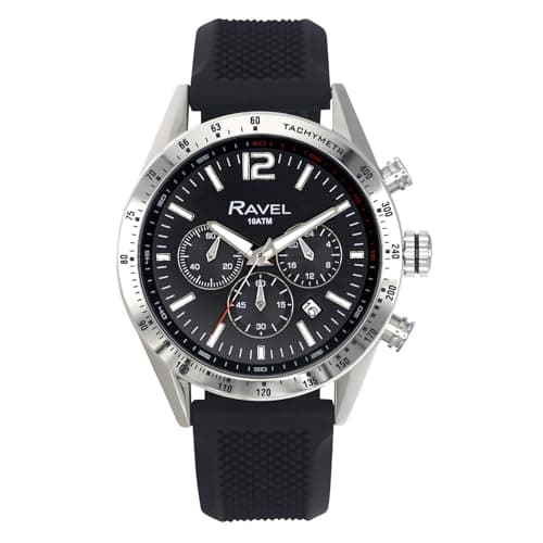 Image of Ravel Pro - Round Stainless Steel Chronograph Watch with Date - 100m Water Resistant - Analogue Quartz - RPR-006M - Black Silicone Strap/Black Dial