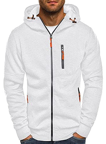 Image of VANVENE Men's Hoodie Sweatshirt Work Jackets Lightweight Long Sleeve Zipped Hoodie Jumper Tops Sweater Cardigan White, L
