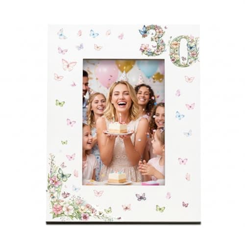 Image of ukgiftstoreonline 30th Birthday Photo Frame for Her, White with Butterflies and Flowers, 6x4 Inch Aperture, Wall Mount or Tabletop Display (Portrait)