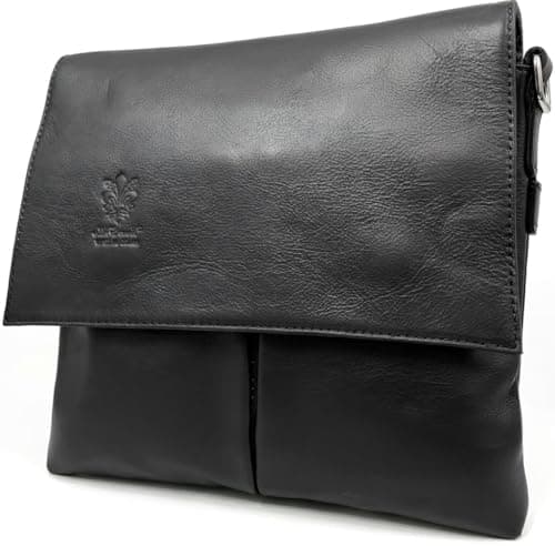 Image of LeahWard Womens Double Pocket Messenger Bag, Genuine Italian Soft Leather Cross Body Shoulder Bag Handbag (Black)