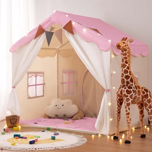 Image of besrey 2-in-1 Kids Play House Tent for Girls & Boys – Indoor Toddler Tent with Lights & Pad, Children Tents for Kids & Toddlers, Large Bed Tents, Princess Playhouse with 2 Doors pink