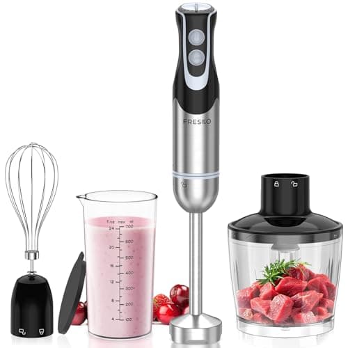 Image of FRESKO Hand Blender 4-in-1, 1000W Electric Stick Blender Stainless Steel with 12-Speeds & Turbo Mode, Baby Food Immersion Blender Handheld with Whisk，700ml Measuring Cup & 500ml Chopper