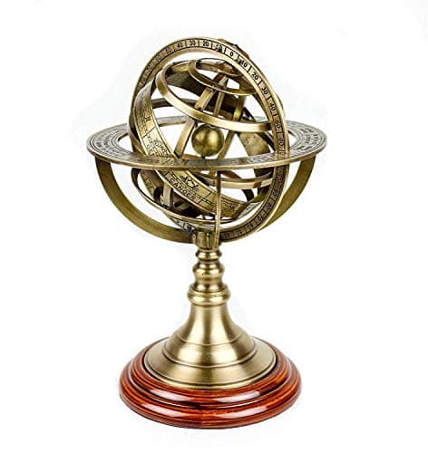 Image of Antique Vintage 9" Armillary Brass Sphere Globe Wooden Base Display | Pirate's Antique Ship Table Decor Gift
