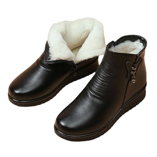 Image of UK 6 Women's Black Low Wedge Heel Ankle Booties Faux Fur Lined Elegant Boots Soft Leather Side Zipper Sparkling Rhinestones Winter Warm Thickening Snow Boot Footwear Black 6
