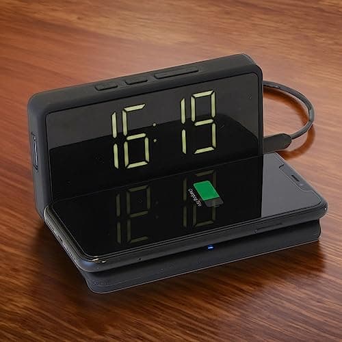 Image of InGenious Wireless Phone Charging Alarm Clock - USB Powered 10W Device Charger Dock Large LCD Display Adjustable Brightness