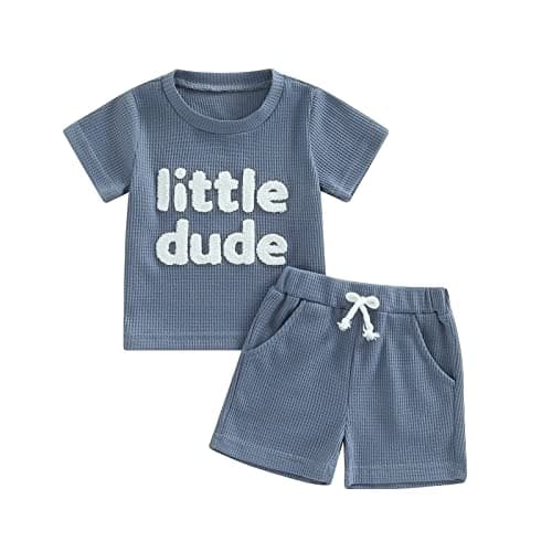 Image of M9ppzzur7 Toddler Boys Short Set Letter Print Tops + Elastic Short Set Outfits Infant Summer Clothes (Blue, 12-18 Months)