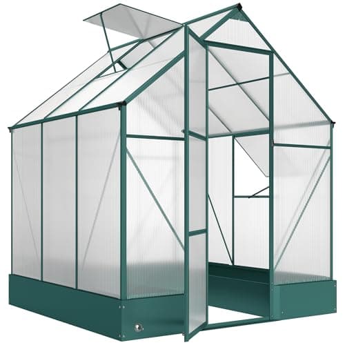 Image of Outsunny Garden Walk-in Aluminium Greenhouse Polycarbonate with Plant Bed, Temperature Controlled Window, Foundation, 6 x 6ft