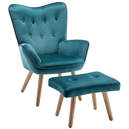 Image of HollyHOME Armchair with Footstool Comfy Armchair Living Room Velvet Reading Chair Bedroom Accent Chairs Cozy Arm Chair Lounge Chairs, Teal