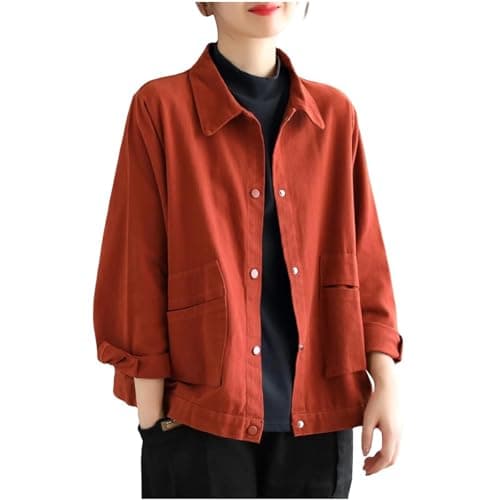 Image of Slxbear Orange Oversized Work Jackets Womens Loose Fit Casual Jackets Lightweight Shackets Cotton Button Down Jacket Dressy Solid Color Coats XL