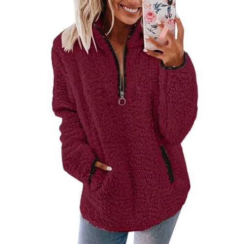 Image of CGGMVCG Half Zip Jumper Women Womens Fleece Jumper 1/4 Zip Up Teddy Fluffy Pullover Sweatshirt Ladies Casual Sweater Cozy Coat Tops Fall Winter Stand Collar Fleece Jacket with Pockets (Red, S)
