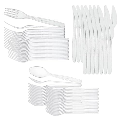 Image of Premium Heavy Duty Clear Plastic Cutlery Set 100pcs – Reusable & Dishwasher Safe 100 Forks, 100 Spoons, 100 Knives – Ideal for Parties, Weddings, Events, Picnics, Office & Everyday Use