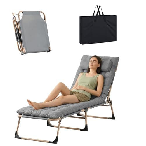 Image of LSBIKE Folding Sun Lounger Bed Chair with Cushion and Bag– Extra Wide Foldable Sunbed with 3 Recline Positions, Breathable Oxford Fabric, Portable Sun Lounger for Garden, Patio, Camping (Grey, 1pcs)