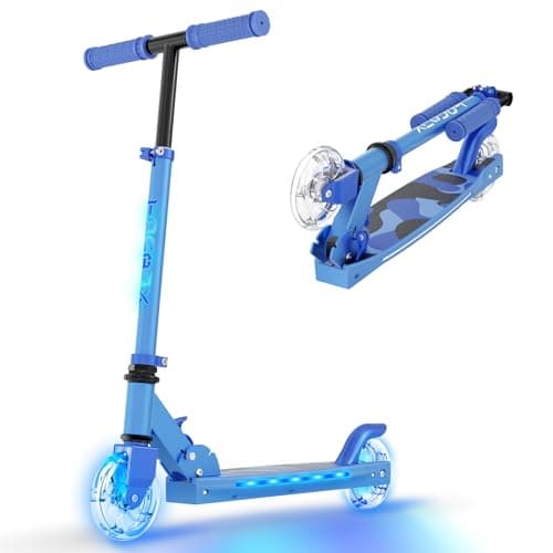 Image of Scooter for Kids Ages 5-12 TONBUX Folding 2 Wheel Kids Scooter with Light Up Wheels & Stem & Deck, 3 Adjustable Height Handle, Lightweight Portable Kick Scooters for Girls Boys Toddler, up to 50kg