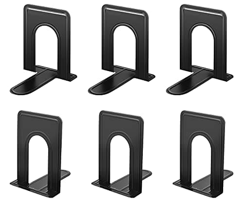 Image of JIKIOU Heavy Duty Metal Bookends Holder for Shelves, Anti-slip Base, Black, Great for Library, Office, Home, School, 3 Pairs