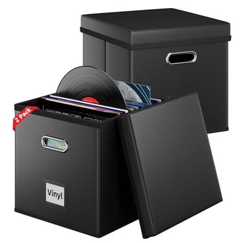Image of Aolawco 2 PCS 12 inch Leather Vinyl Record Storage Box, CD Storage Case with Lid & Handles, Folding LP Storage Boxes Holds up to 100+ Single Records, Records Organizer for Albums, CDs, Magzine, Files