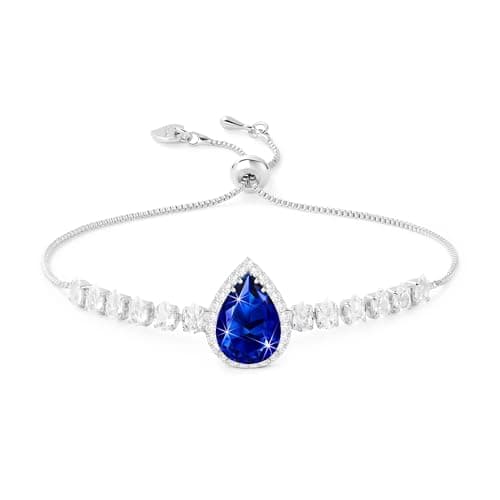 Image of Linawe Sapphire Blue Crystal Imitation Diamond Bracelets for Women, Silver Charm Chain Bracelet, Rhinestone Birthstone Cubic Zirconia Bracelet Set, Prom Wedding Preppy Costume Jewellery