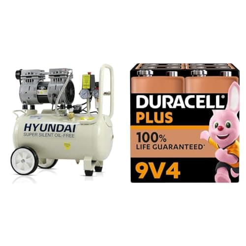 Image of Hyundai HY7524 24 Litre Air Compressor, 5.2cfm/100psi, Silenced & Duracell Plus 9V Batteries (4 Pack) - Alkaline - 100% Life Guarenteed - Reliability for Everyday Devices