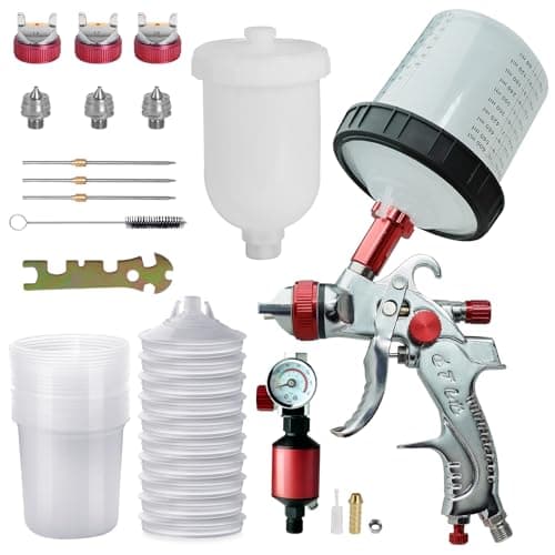 Image of HVLP Paint Spray Gun Kit, 600ml Cup Paint Sprayer with 3 Nozzles, Air Regulator and Filter, Automotive Spray Gun Kit with10 Disposable Cups and Lids, Cleaning Tools for Painting Car Furniture(Red)