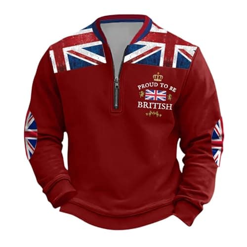 Image of DFEK England Flags Sweatshirt Men Union Jack Quarter Zip Pullover Tops British Flag Print Long Sleeve Blouse Sizes S-5XL(Red,L)