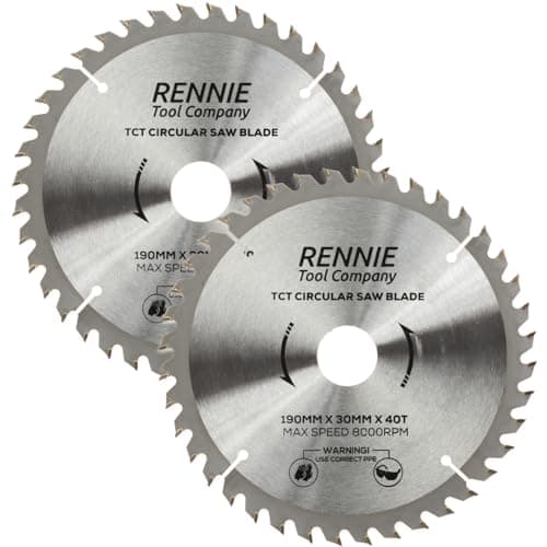 Image of PACK OF 2-190mm x 40T TCT Saw Blade. 190mm Circular Saw Blade For Fine Cuts x 30mm Bore + 25mm/20mm/16mm Bore Reduction Rings Compatible With Bosch Makita Milwaukee Ryobi Dewalt Circular Saws etc