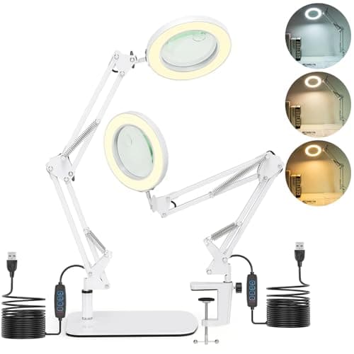 Image of Jubor 2-in-1 Magnifying Glass with Light and Stand, 15X 10X LED Magnifying Lamp with Clamp and Base, Desk Magnifier Lamp with 3 Color Modes for Hobby Crafting, Repair, Reading