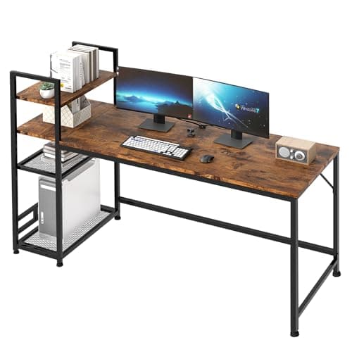 Image of Levede 160cm Office Desk with 4-Tier Shelves, Large Writing Desk with Reversible Bookcase, Study Desk for Home Office, Sturdy Computer Table, Dark Brown