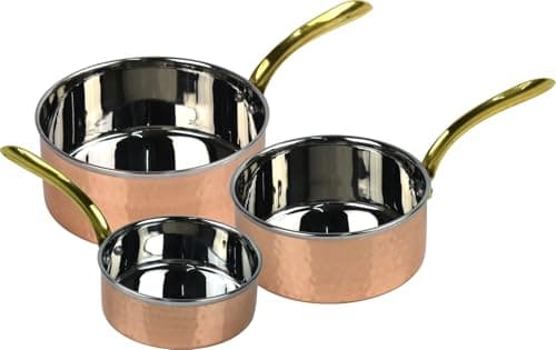 Image of Copper Sauce Pan Set 3 Pieces Stainless Steel with Hammered Copper Brass Handle for Cooking & Serving (3X 300ml, 530ml, 850ml Capacity)
