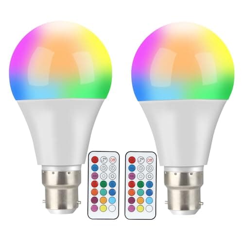 Image of Colour Changing Light Bulb, [2 Pack] B22 10W LED RGBW Colour Bulbs with Remote Control, 12 Dimmable Colours, 2 Dynamic Modes & Timer Settings, Colour Light Bulbs for Home, Decoration, Party, Bar, KTV