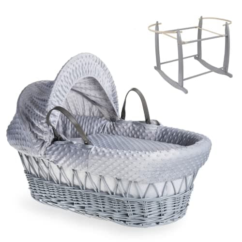 Image of Clair de Lune Dimple Grey Wicker Moses Basket with Grey Deluxe Rocking Stand 68 x 30 cm (Grey)