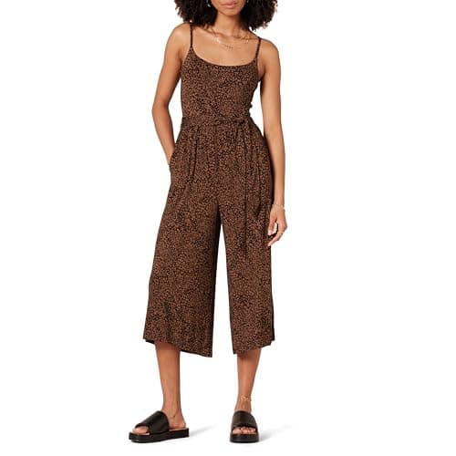 Image of Amazon Essentials Women's Jersey Cami Cropped Wide Leg Jumpsuit, Dark Toffee Brown Animal Print, M