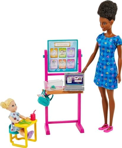 Image of Barbie Teacher Doll (Brunette),Toddler Doll (Blonde), Flip Board, Laptop, Backpack, Toddler Desk, Pet Turtle, Great Gift for Ages 3 Years Old & Up