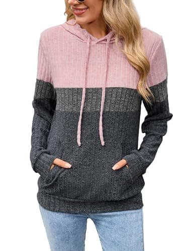 Image of Famulily Womens Knit Hoodie Colour Block Ribbed Pullover Jumpers Casual Long Sleeve Top with Pocket Autumn Winter Pink XXL