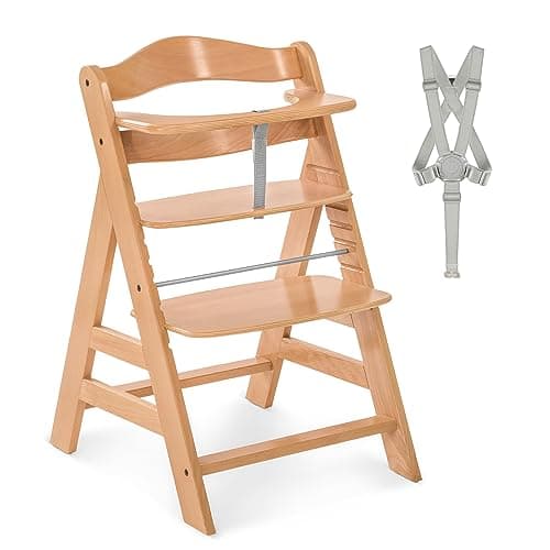 Image of hauck Alpha+, Natural - Wooden High Chair 6 Months to Adult Sustainable FSC® Certified Beechwood Toddler Feeding and Entertainment Chair, Inclusive 5-Point Harness Bumper Bar Crotch Strap