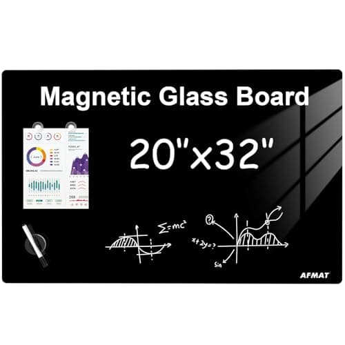 Image of AFMAT Magnetic Glass Dry Erase Board 80 x 50cm, Modern Memo Board, Wall Mounted Tempered Large Glass Whiteboard Frameless for Home, Office, Kitchen, Black, GB05