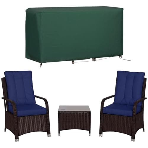 Image of Outsunny 3 Pieces Rattan Bistro Set with Furniture Cover, Wicker Garden Furniture Set, Glass Top Coffee Table and Chairs with Cushions for Outdoor, Patio, Balcony, Dark Blue