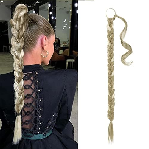 Image of BARSDAR 26 Inch Long Braided Ponytail Extension with Hair Tie Straight Wrap Around Hair Extensions Pony Tail DIY Natural Soft Synthetic Hairpiece for Women -Light Ash Brown & Bleach Blonde
