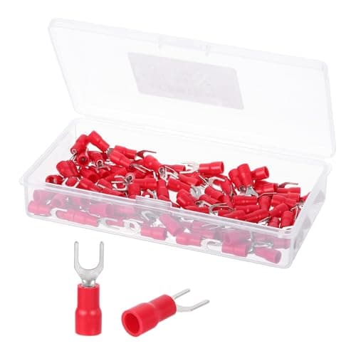 Image of sourcing map Insulated Fork Spade Connectors, 22-16AWG SV1.25-4 U-Type Tinned Copper Waterproof Fork Crimp terminals Connectors for Industrial Electrical Marine Wiring, Pack of 100 (Red)