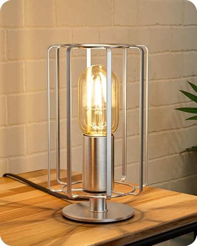 Image of EDISHINE Table Lamp, E27 Socket & LED Bulb Included, 21.5CM, 2400K Bedside Lamp with Nickel Cylindrical Flat Iron Cage Lampshade for Bedroom, Living Room