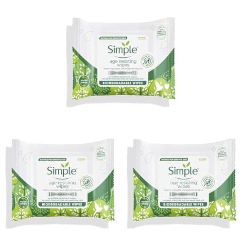 Image of Simple Regeneration Age Resisting Biodegradable Facial Wipes remove make-up and fights premature ageing for sensitive skin 20 wipes,package may vary (Pack of 3)