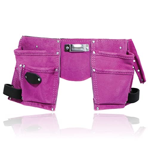 Image of SPARES2GO Gardening Tool Belt Pink Double Leather 11 Pouch Purple Holder Adjustable Suede