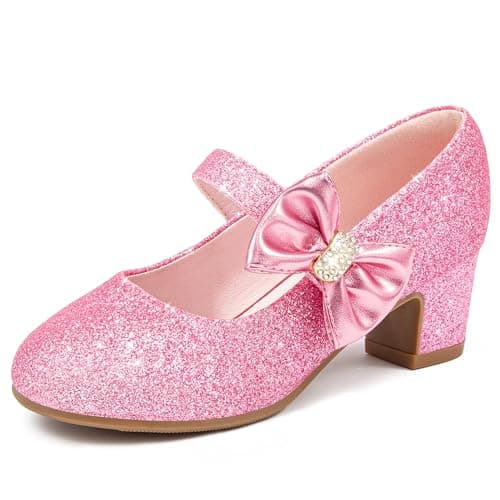 Image of LAURMOSA Girls Sparkly Shoes for Girls Party Shoes Princess Heels for Kids High Heels Size 13 Glitter Pink Flower Girl Mary Jane with Bow Chunky Flats Pumps Little Kid Wedding Dance (UKL1055ShPink 13)