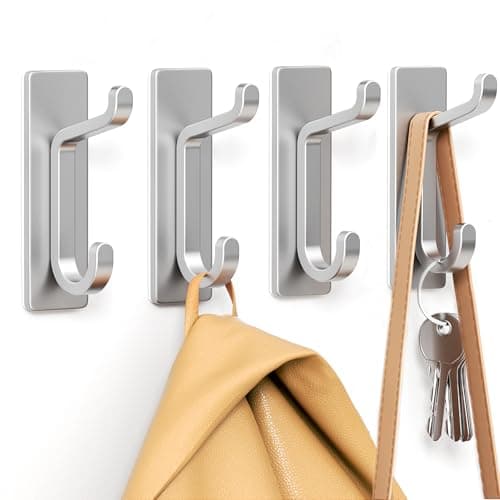 Image of pickpiff Self Adhesive Hooks for Hanging, Extra Sticky Metal Stainless Hooks for Coat Towel Key Hat, Wall Mounted Heavy Duty, Removable Hanger for Bathroom, Kitchen, Hall, Over Door, Silver, 4 Pack