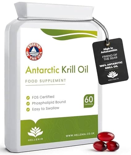 Image of 100% Antarctic Krill Oil Capsules 500mg | Natural Source of Astaxanthin & DHA | 1 Month Supply | Krill Oil with Powerful Antioxidant Astaxanthin and Phospholipids | 60 softgels Made for Hellenia