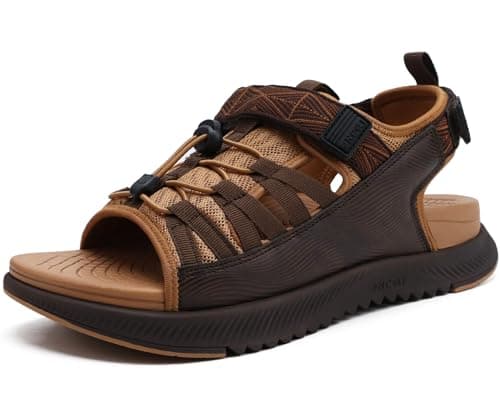 Image of ONCAI Men Hiking Sandals, Arch Support Walking Sandals with Orthotic Outdoor Footbed for Plantar Fasciitis, Hombre Sandalias Recovery Sport Slides Khaki/Brown Size 11
