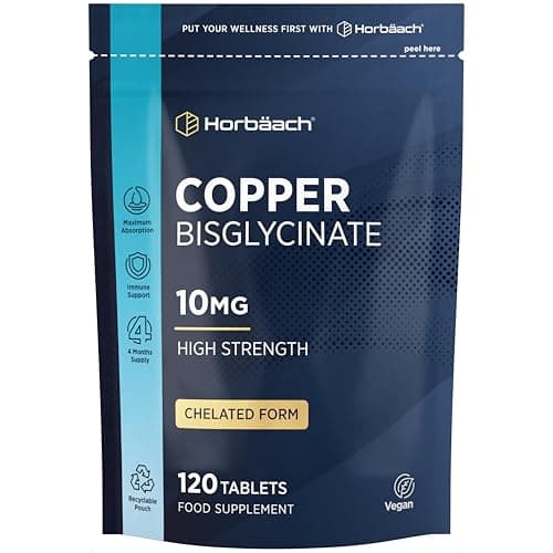 Image of Copper Glycinate 10mg | Chelated Form | High Strength Copper Bisglycinate Supplement | 120 Vegan Tablets | by Horbaach